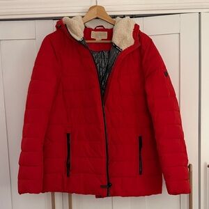 Michael Kors Women’s Red Warm Zip-Front Jacket with Sherpa-Lined Hood – Size L